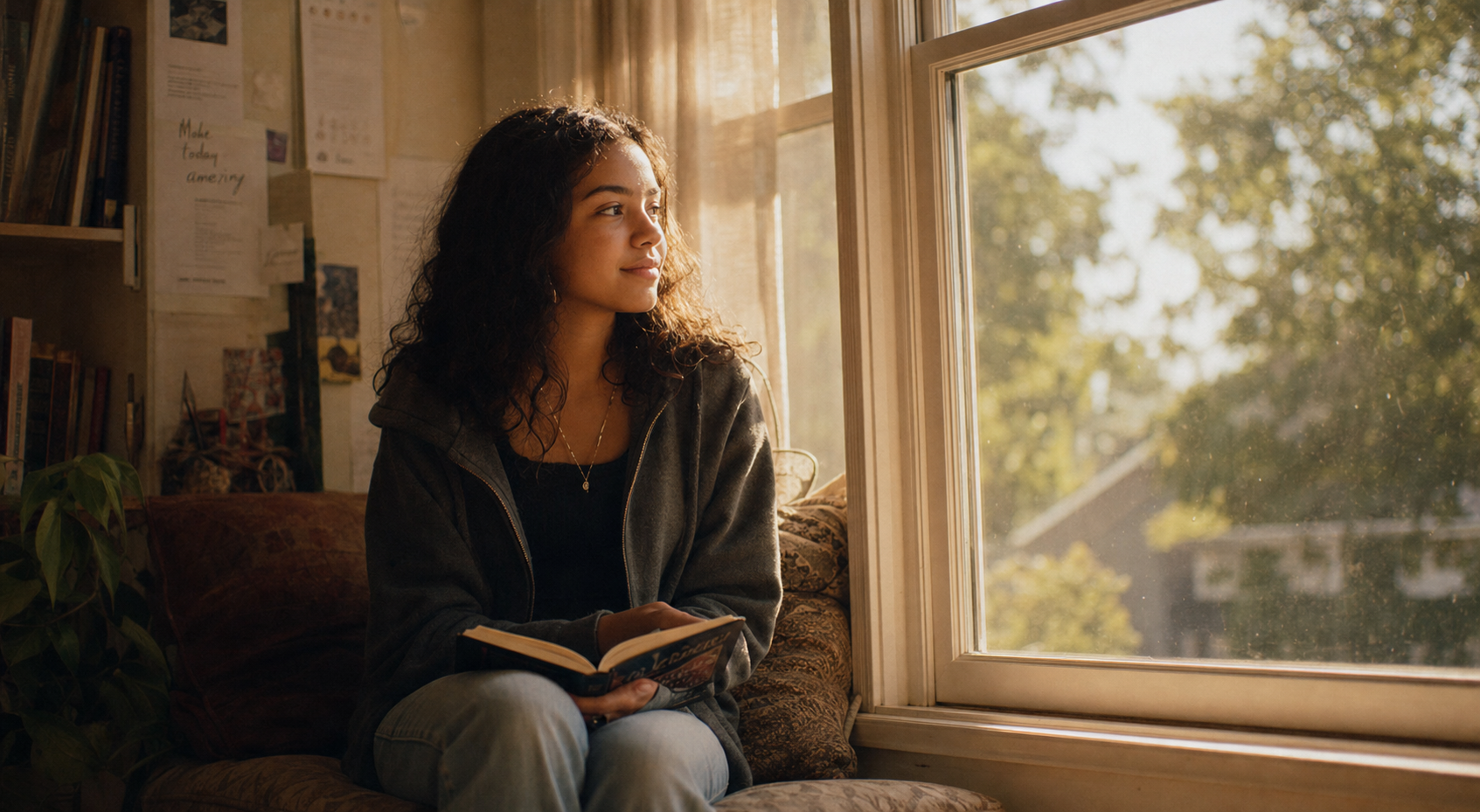 A young person sitting quietly by a sunlit window in a home