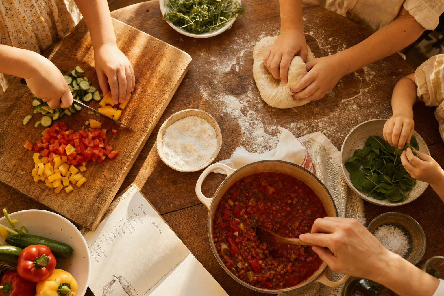Hands preparing a shared meal together in a warm kitchen