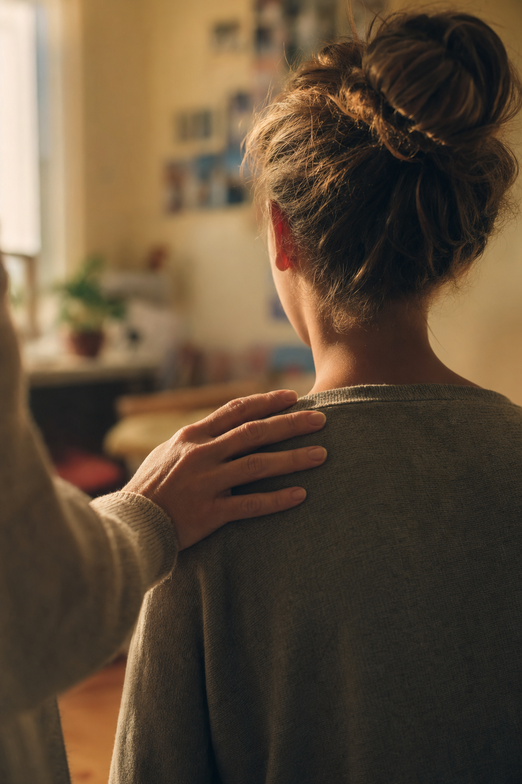 An adult places a supportive hand on a young person's shoulder